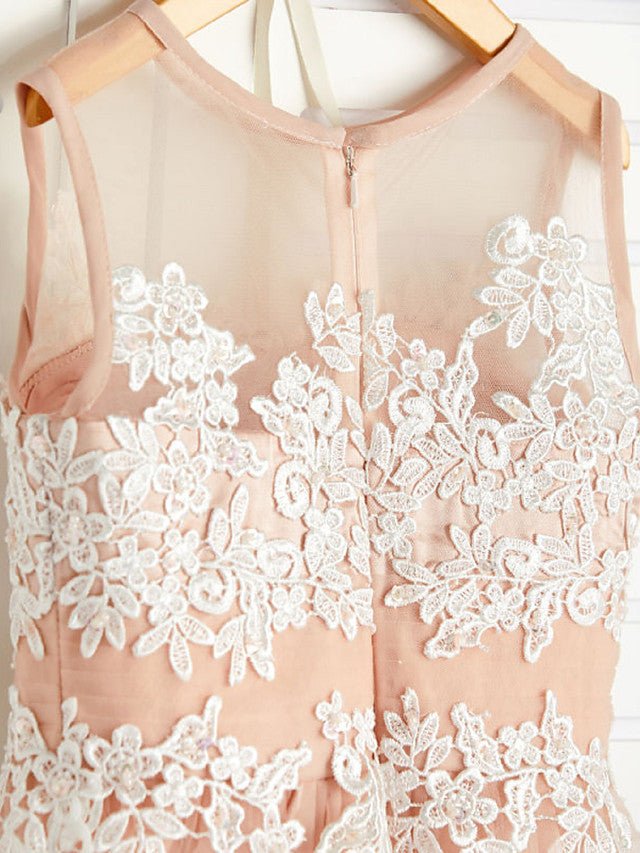 A-Line Jewel Neck Brush Train Flower Girl Dress with Lace Tulle and Appliques-BallBride