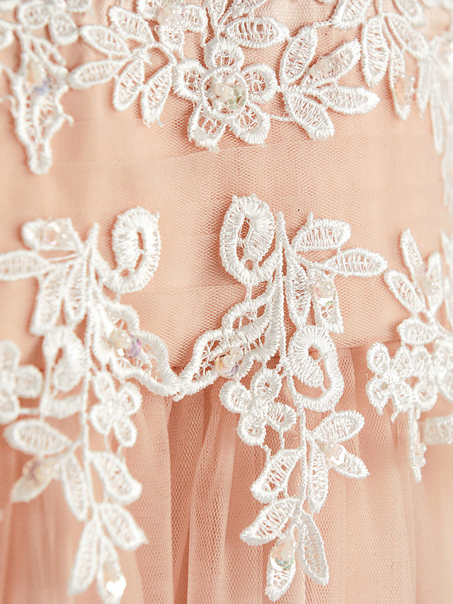 A-Line Jewel Neck Brush Train Flower Girl Dress with Lace Tulle and Appliques-BallBride
