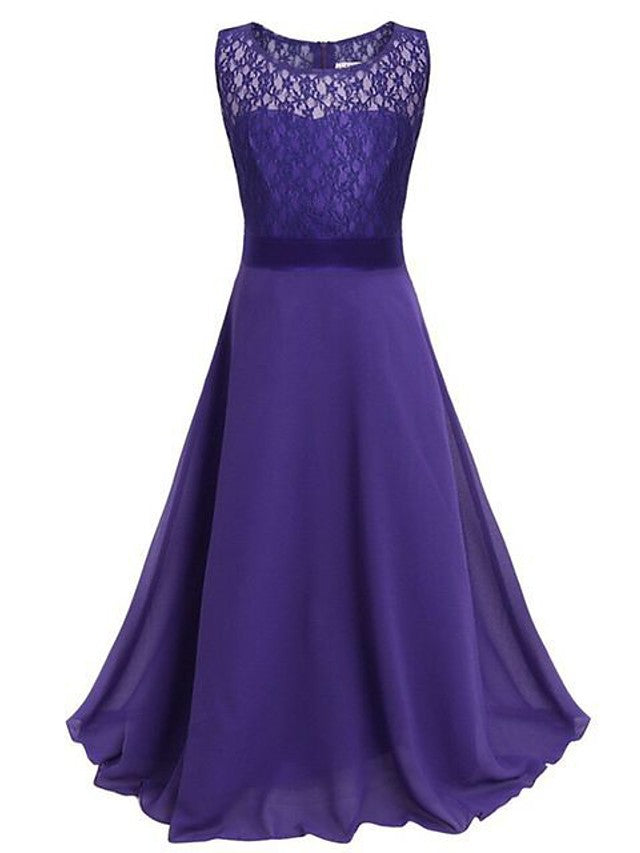 A-Line Jewel Neck Floor Length Flower Girl Dress with Sleeveless Lace and Sash Ribbon-BallBride