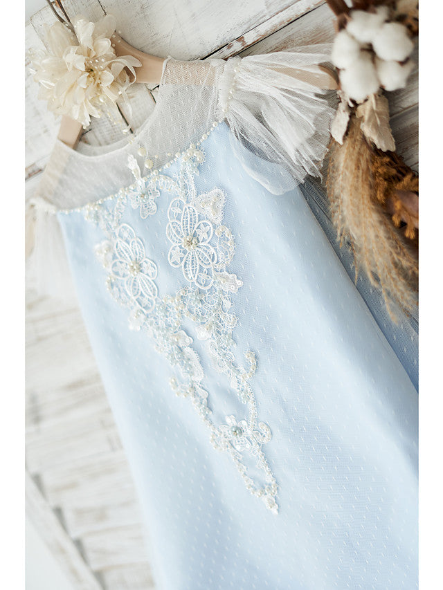 A-Line Jewel Neck Flower Girl Dress with Tulle and Pearls Appliques-BallBride