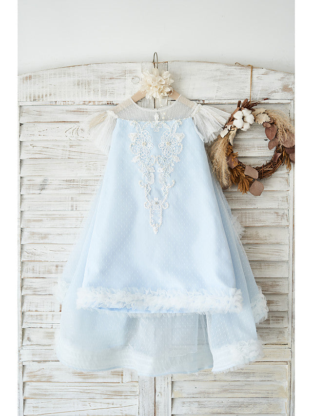 A-Line Jewel Neck Flower Girl Dress with Tulle and Pearls Appliques-BallBride