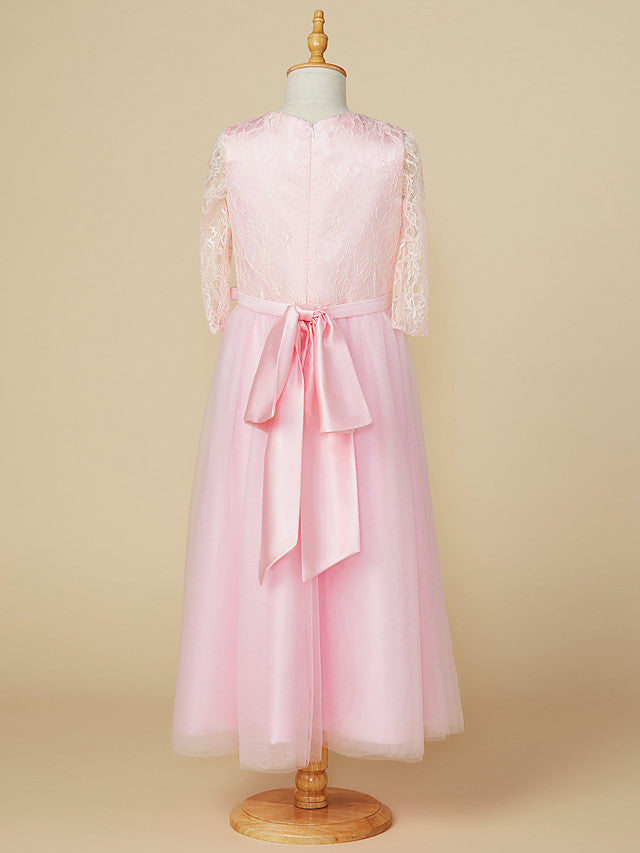 A-Line Jewel Neck Lace/Tulle Junior Bridesmaid Dress with Bow(s) for Wedding Party-BallBride