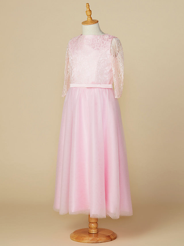 A-Line Jewel Neck Lace/Tulle Junior Bridesmaid Dress with Bow(s) for Wedding Party-BallBride
