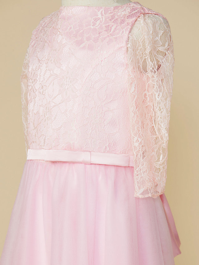 A-Line Jewel Neck Lace/Tulle Junior Bridesmaid Dress with Bow(s) for Wedding Party-BallBride