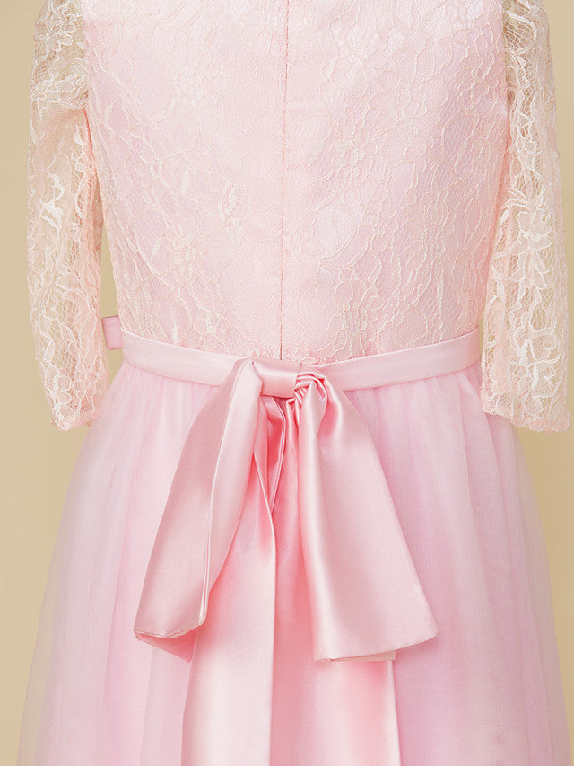 A-Line Jewel Neck Lace/Tulle Junior Bridesmaid Dress with Bow(s) for Wedding Party-BallBride