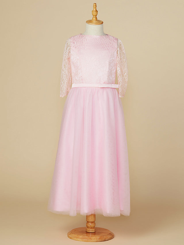 A-Line Jewel Neck Lace/Tulle Junior Bridesmaid Dress with Bow(s) for Wedding Party-BallBride