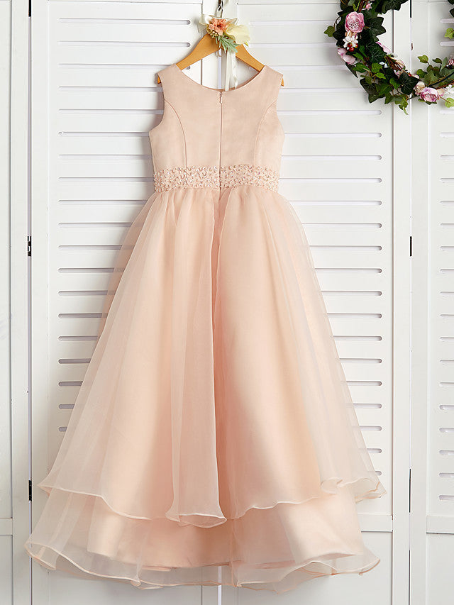 A-Line Jewel Neck Organza Satin Flower Girl Dress With Beading Tier-BallBride