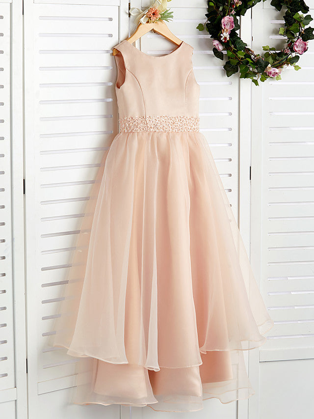 A-Line Jewel Neck Organza Satin Flower Girl Dress With Beading Tier-BallBride