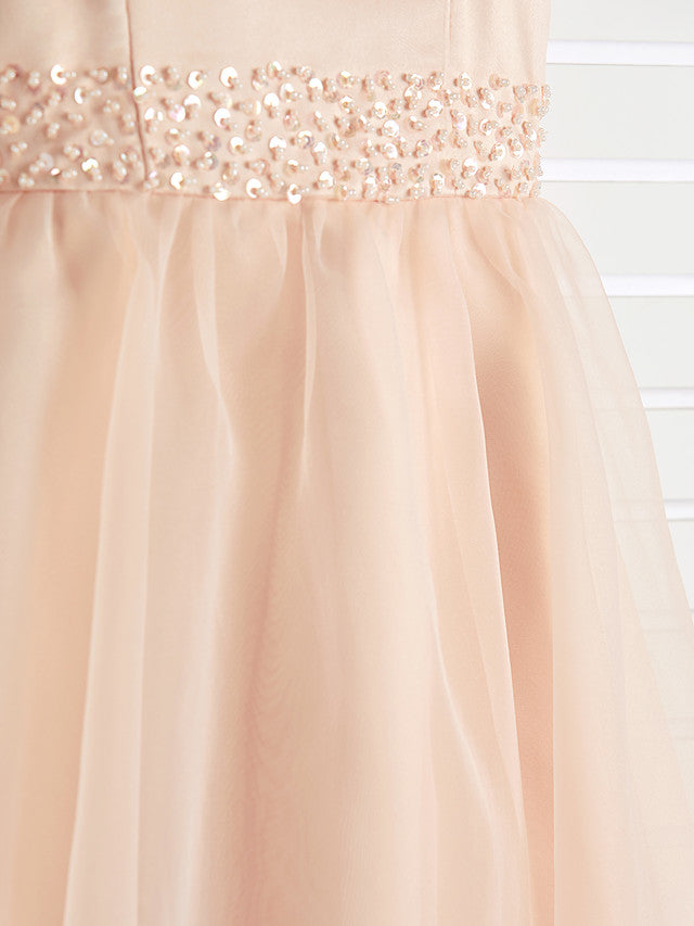 A-Line Jewel Neck Organza Satin Flower Girl Dress With Beading Tier-BallBride