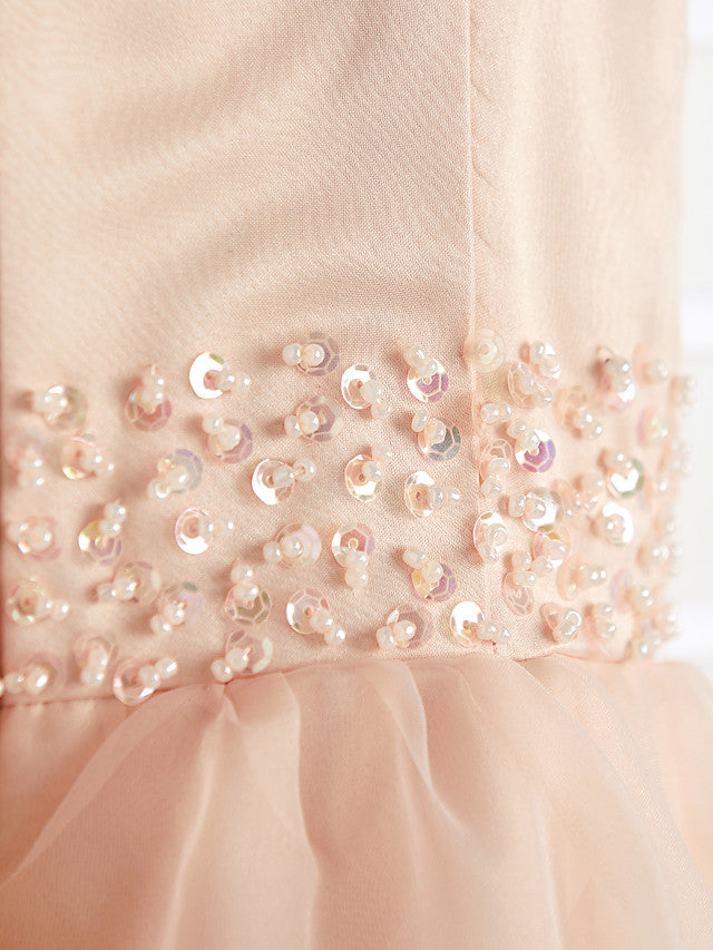 A-Line Jewel Neck Organza Satin Flower Girl Dress With Beading Tier-BallBride