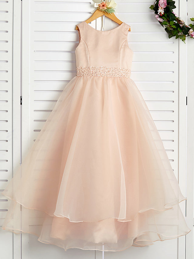 A-Line Jewel Neck Organza Satin Flower Girl Dress With Beading Tier-BallBride