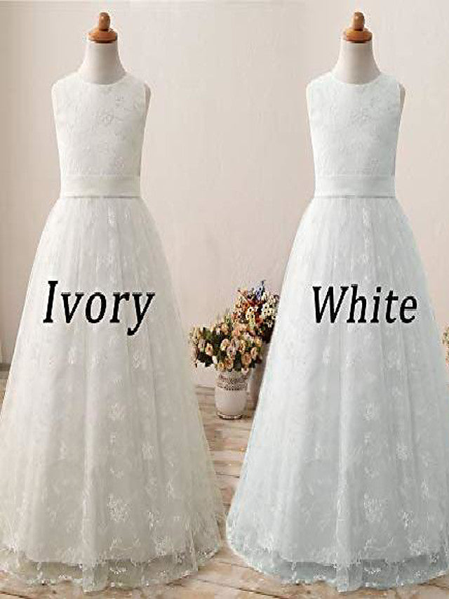 A-Line Jewel Sleeveless Flower Girl Dress with Lace and Belt-BallBride