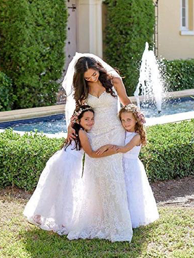 A-Line Jewel Sleeveless Flower Girl Dress with Lace and Belt-BallBride