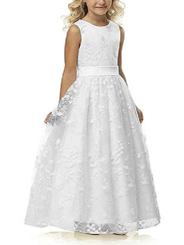 A-Line Jewel Sleeveless Flower Girl Dress with Lace and Belt-BallBride