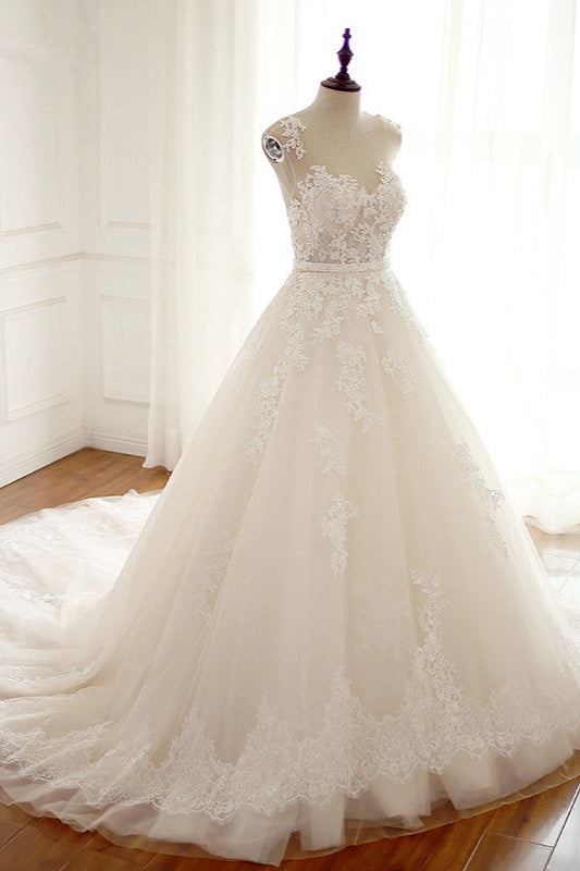 A-line Jewel Tulle Long Wedding Dress with Appliques Lace-BallBride