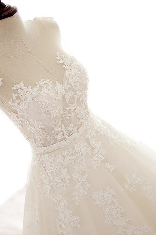 A-line Jewel Tulle Long Wedding Dress with Appliques Lace-BallBride