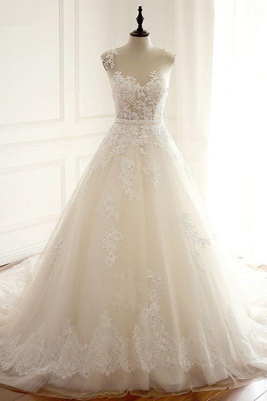 A-line Jewel Tulle Long Wedding Dress with Appliques Lace-BallBride