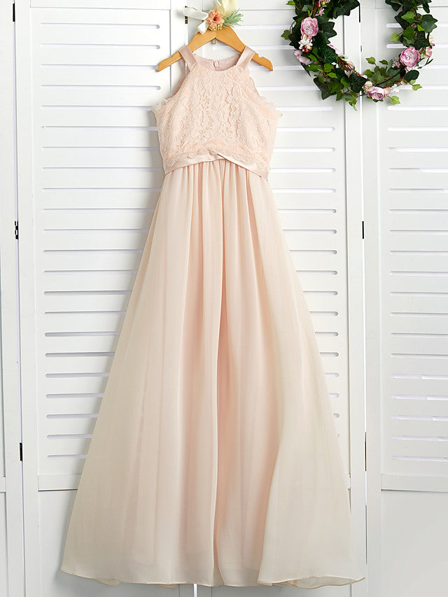 A-Line Junior Bridesmaid Dress with Chiffon Lace Sash & Ribbon-BallBride