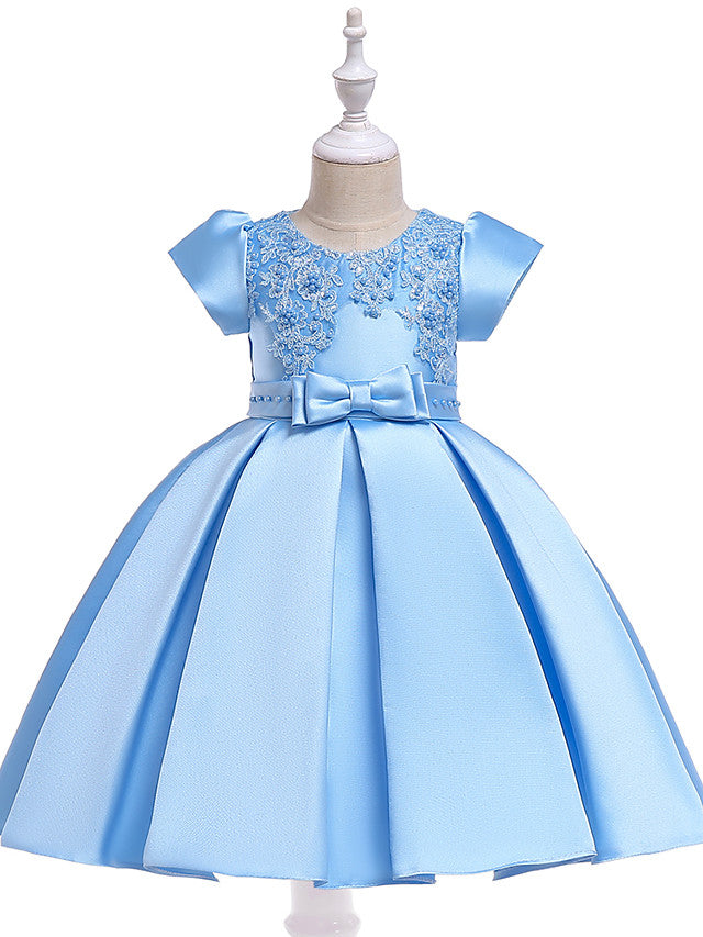 A-Line Knee Length Cotton Blend Short Sleeve Jewel Neck Dress with Petal Sash Ribbon and Pearls-BallBride