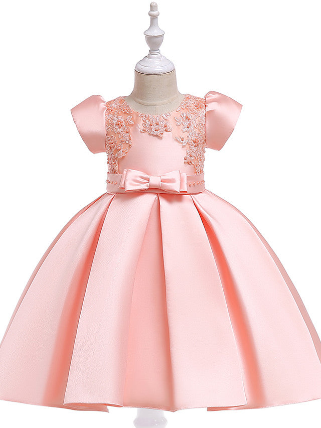 A-Line Knee Length Cotton Blend Short Sleeve Jewel Neck Dress with Petal Sash Ribbon and Pearls-BallBride
