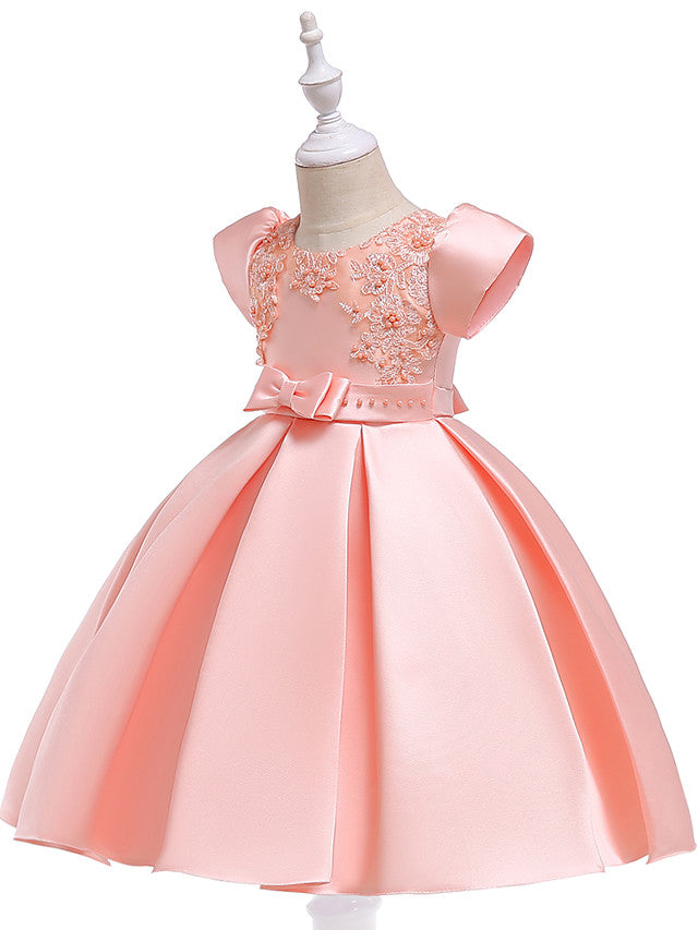 A-Line Knee Length Cotton Blend Short Sleeve Jewel Neck Dress with Petal Sash Ribbon and Pearls-BallBride