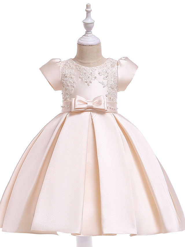 A-Line Knee Length Cotton Blend Short Sleeve Jewel Neck Dress with Petal Sash Ribbon and Pearls-BallBride