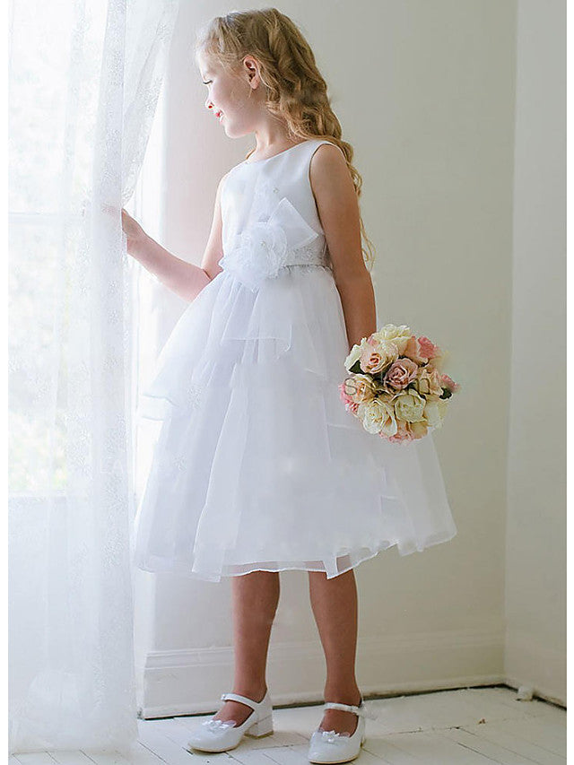 A-Line Knee Length Sleeveless Jewel Neck Flower Girl Dress Satin Tulle With Appliques Ruching-BallBride