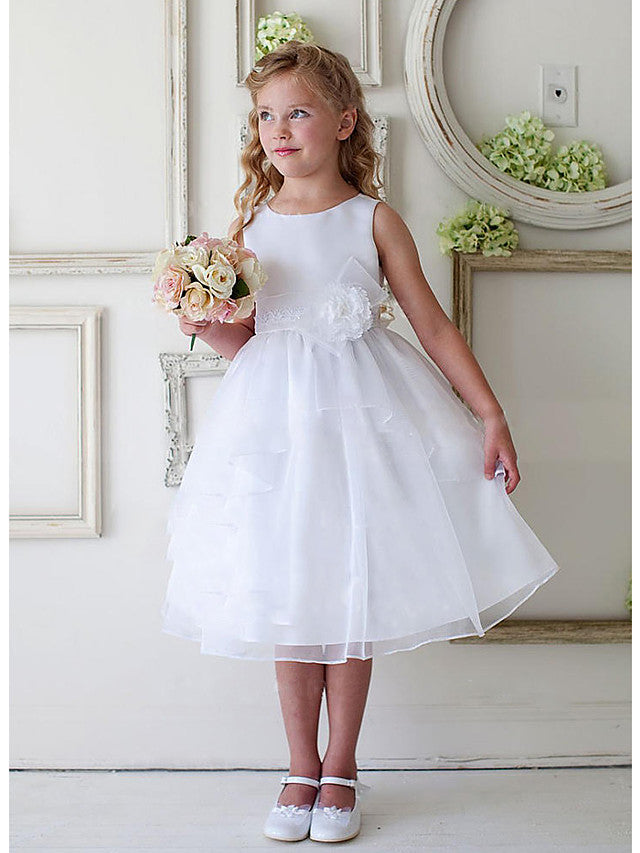 A-Line Knee Length Sleeveless Jewel Neck Flower Girl Dress Satin Tulle With Appliques Ruching-BallBride