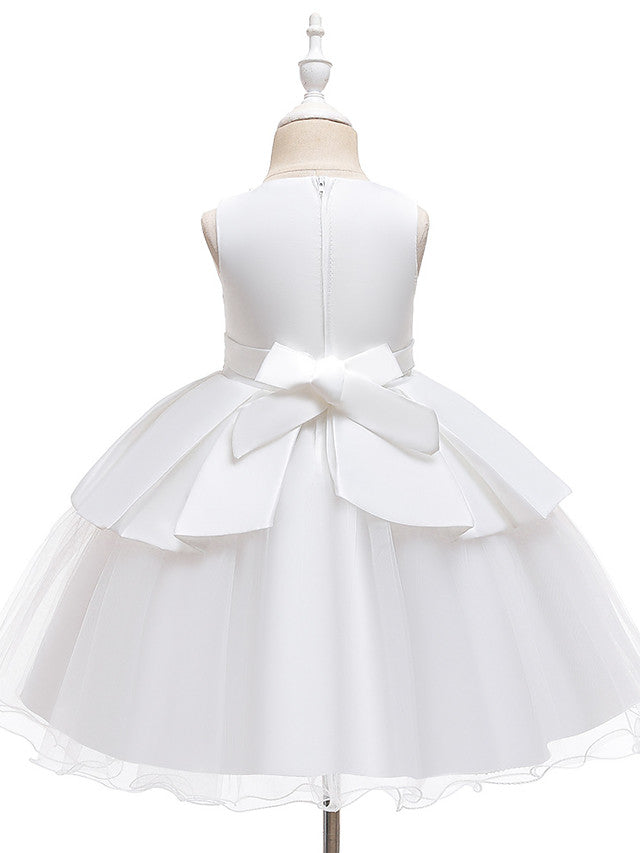 A-Line Knee Length Wedding / Party Dress - Tulle / Matte Satin / Poly&Cotton Blend Jewel Neck with Lace / Bow(S) / Beading-BallBride