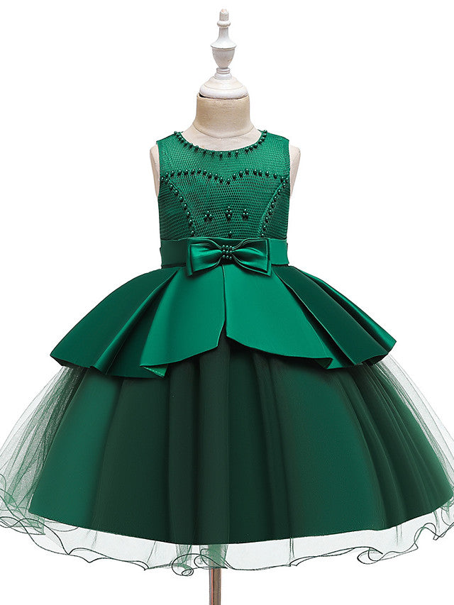 A-Line Knee Length Wedding / Party Dress - Tulle / Matte Satin / Poly&Cotton Blend Jewel Neck with Lace / Bow(S) / Beading-BallBride