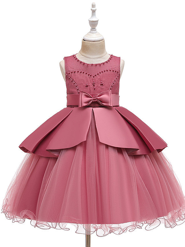 A-Line Knee Length Wedding / Party Dress - Tulle / Matte Satin / Poly&Cotton Blend Jewel Neck with Lace / Bow(S) / Beading-BallBride