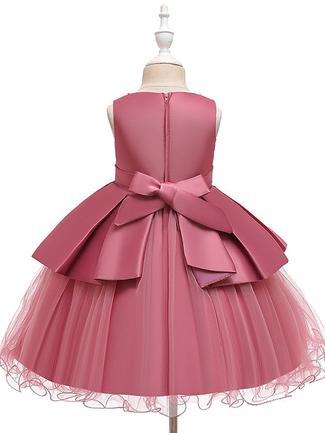 A-Line Knee Length Wedding / Party Dress - Tulle / Matte Satin / Poly&Cotton Blend Jewel Neck with Lace / Bow(S) / Beading-BallBride