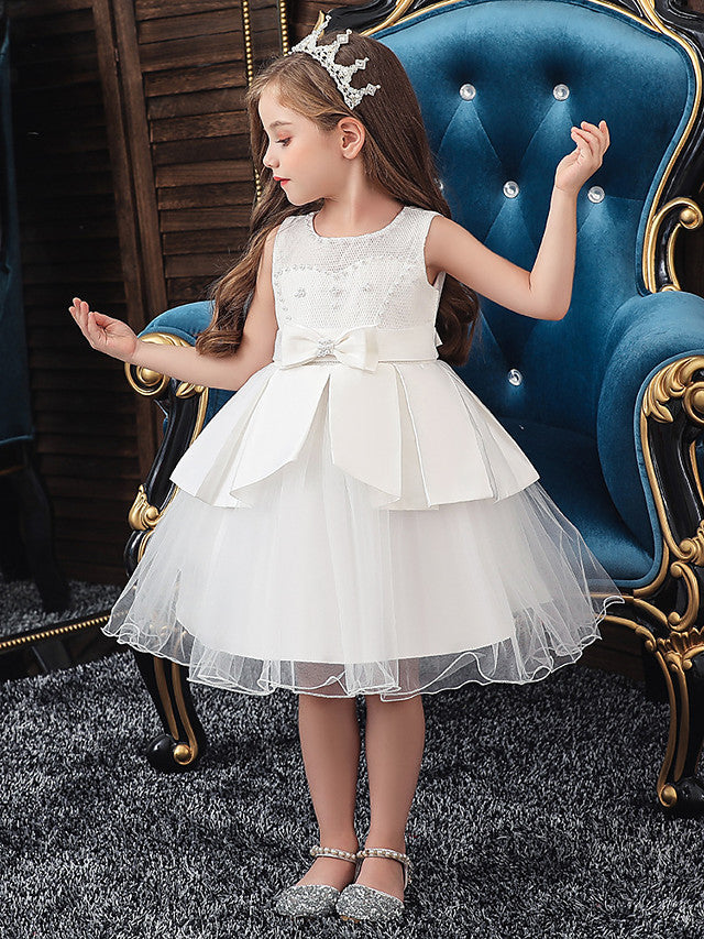A-Line Knee Length Wedding / Party Dress - Tulle / Matte Satin / Poly&Cotton Blend Jewel Neck with Lace / Bow(S) / Beading-BallBride