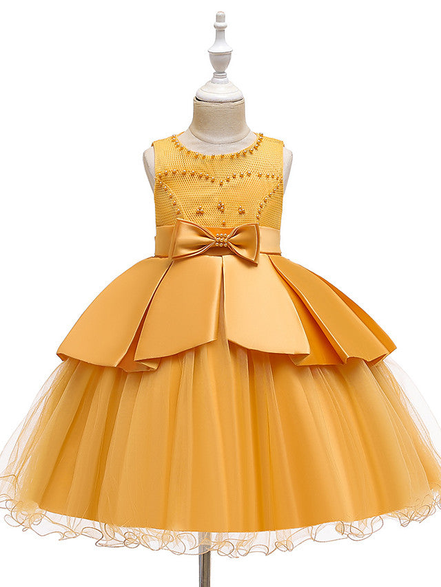 A-Line Knee Length Wedding / Party Dress - Tulle / Matte Satin / Poly&Cotton Blend Jewel Neck with Lace / Bow(S) / Beading-BallBride