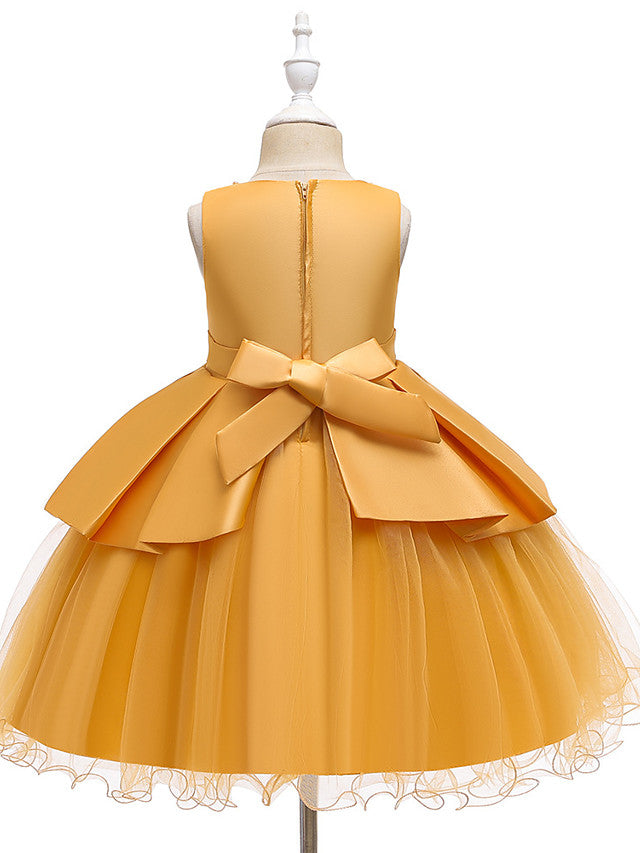 A-Line Knee Length Wedding / Party Dress - Tulle / Matte Satin / Poly&Cotton Blend Jewel Neck with Lace / Bow(S) / Beading-BallBride