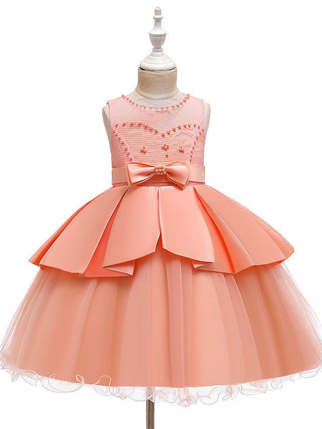 A-Line Knee Length Wedding / Party Dress - Tulle / Matte Satin / Poly&Cotton Blend Jewel Neck with Lace / Bow(S) / Beading-BallBride