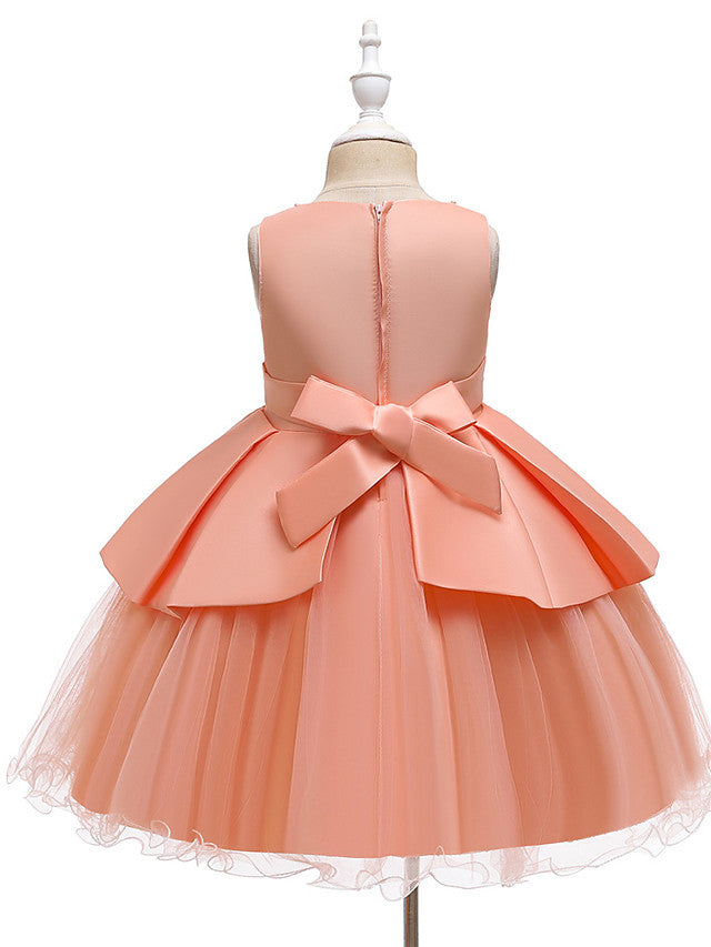 A-Line Knee Length Wedding / Party Dress - Tulle / Matte Satin / Poly&Cotton Blend Jewel Neck with Lace / Bow(S) / Beading-BallBride