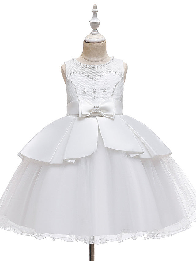 A-Line Knee Length Wedding / Party Dress - Tulle / Matte Satin / Poly&Cotton Blend Jewel Neck with Lace / Bow(S) / Beading-BallBride
