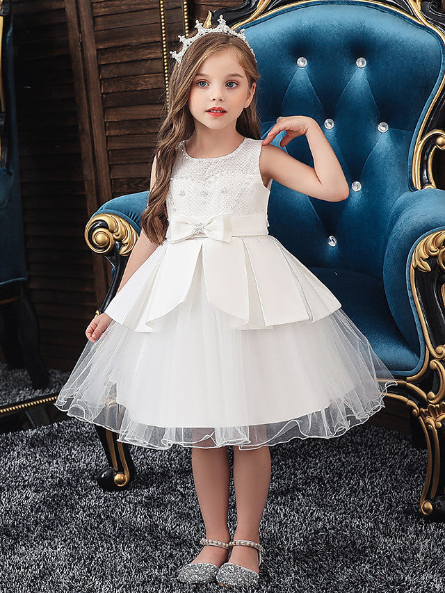 A-Line Knee Length Wedding / Party Dress - Tulle / Matte Satin / Poly&Cotton Blend Jewel Neck with Lace / Bow(S) / Beading-BallBride