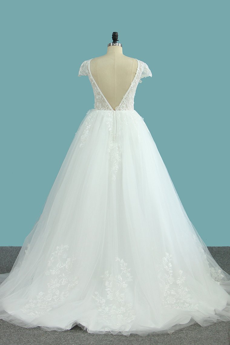 A-Line Lace Backless Wedding Dress with Tulle Appliques for Bateau-BallBride