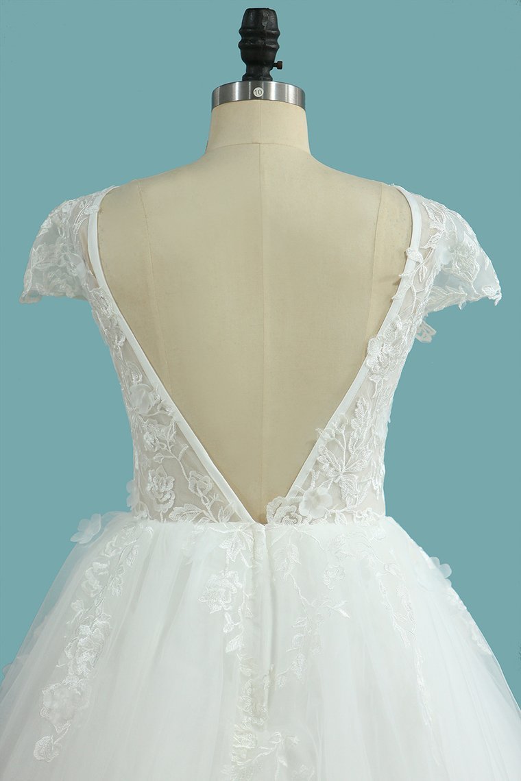 A-Line Lace Backless Wedding Dress with Tulle Appliques for Bateau-BallBride