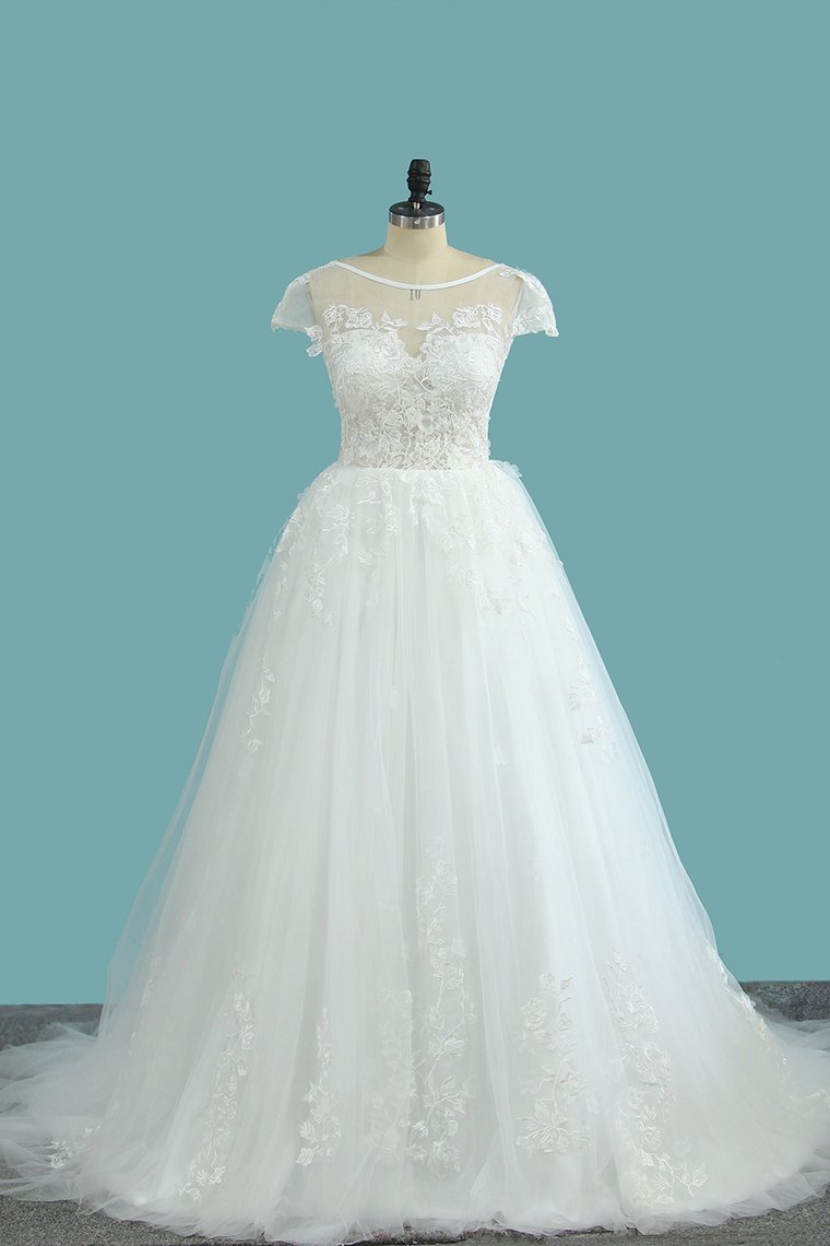 A-Line Lace Backless Wedding Dress with Tulle Appliques for Bateau-BallBride