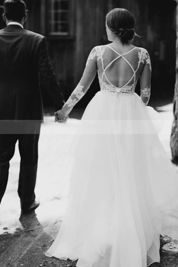 A-Line Lace Long Sleeve Sheer Floor Length Wedding Dress with Tulle-BallBride
