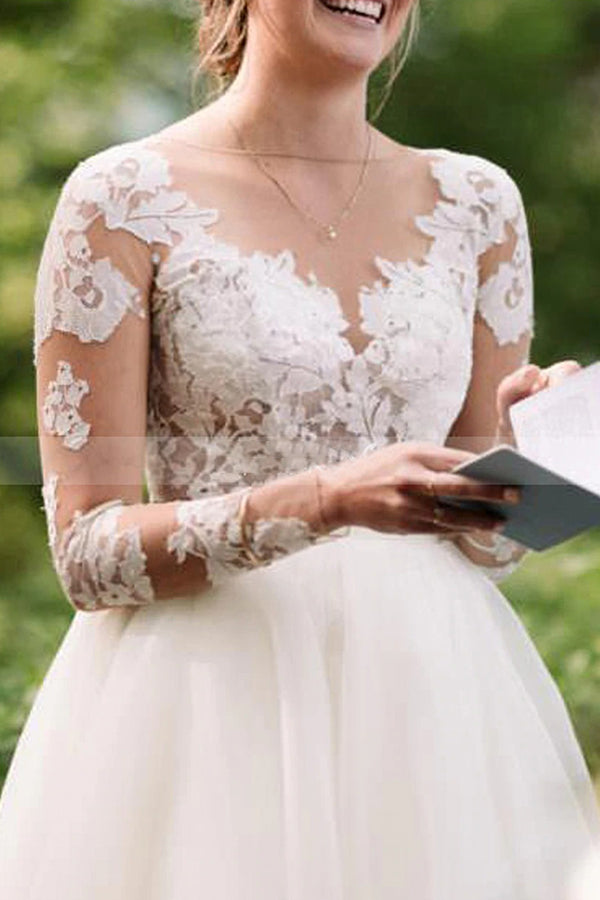 A-Line Lace Long Sleeve Sheer Floor Length Wedding Dress with Tulle-BallBride