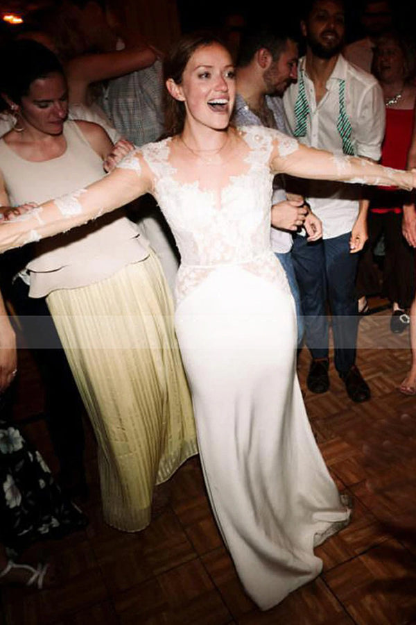 A-Line Lace Long Sleeve Sheer Floor Length Wedding Dress with Tulle-BallBride