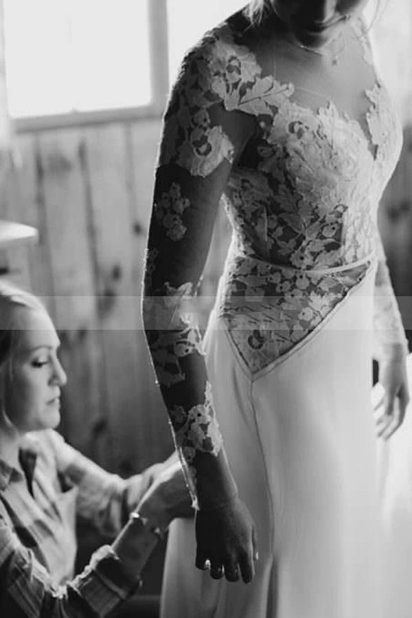 A-Line Lace Long Sleeve Sheer Floor Length Wedding Dress with Tulle-BallBride