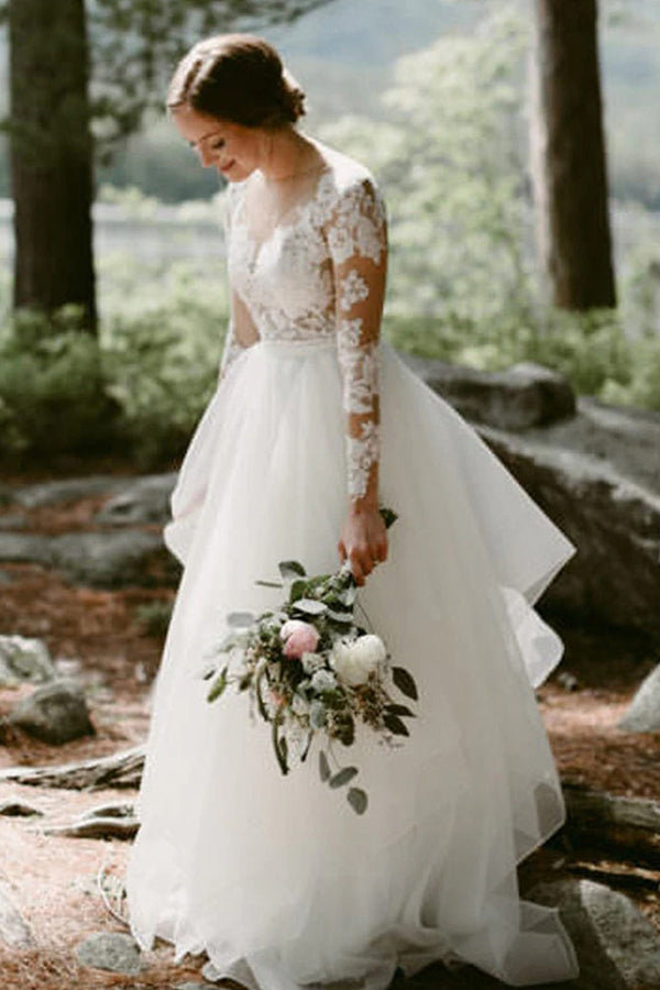 A-Line Lace Long Sleeve Sheer Floor Length Wedding Dress with Tulle-BallBride