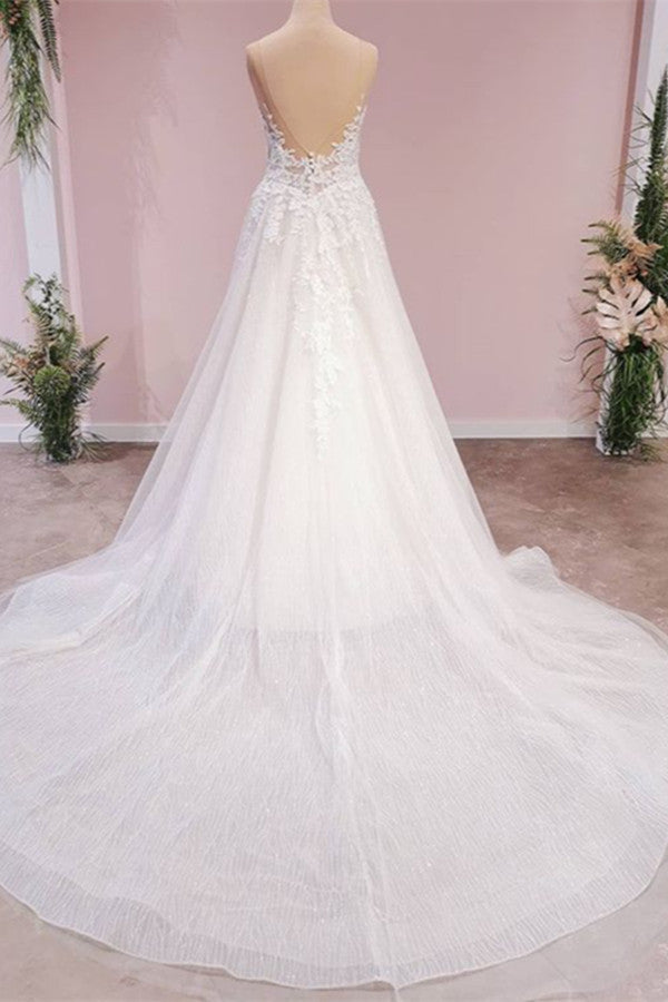 A-Line Lace Tulle Backless Wedding Dress With Sweetheart Appliques-BallBride