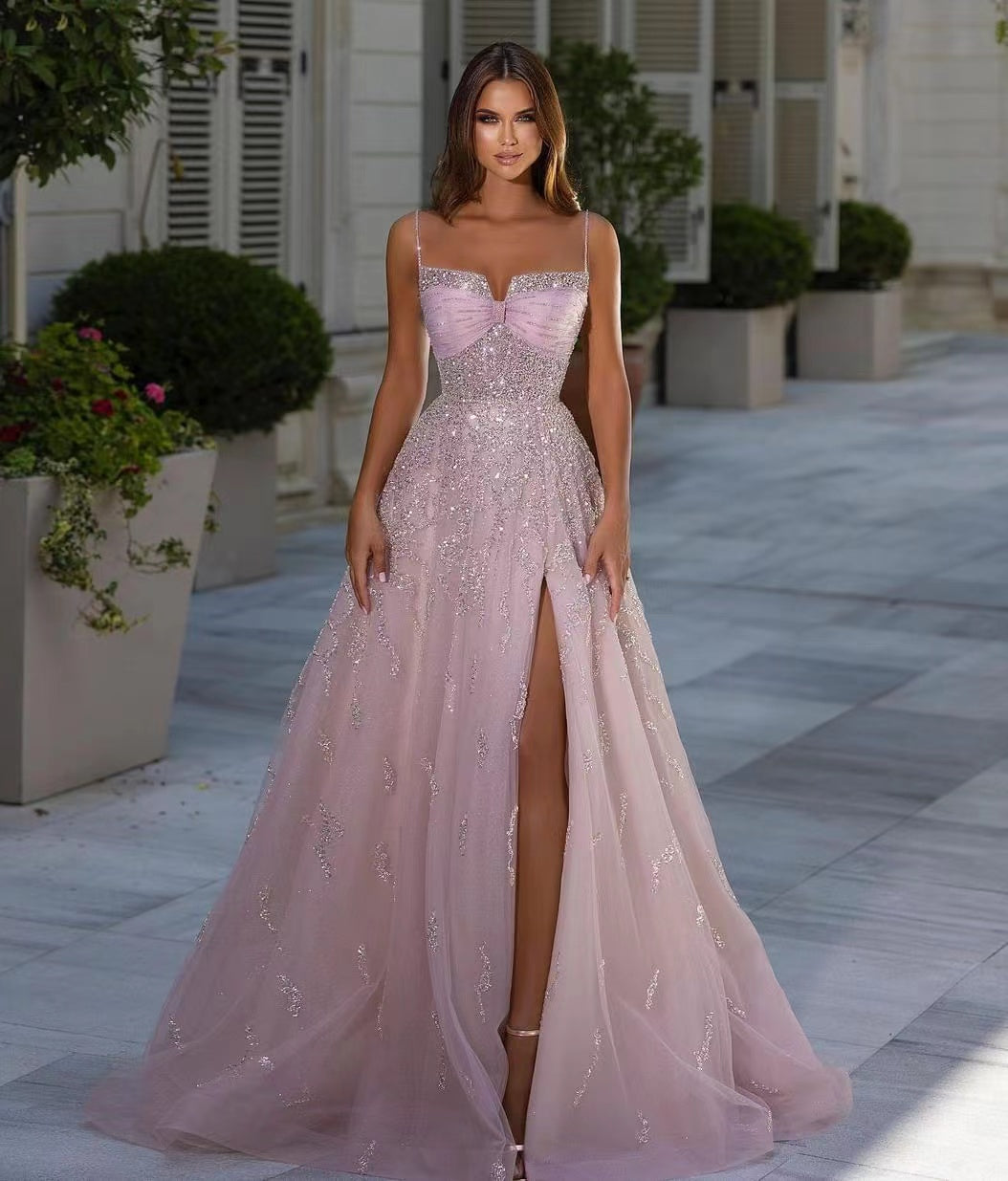 A-Line Long Prom Dress with Slit, Classic Pink Spaghetti-Straps, Beads-BallBride