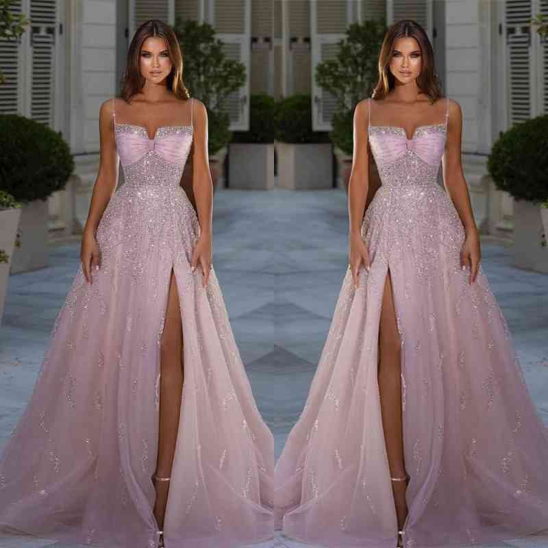 A-Line Long Prom Dress with Slit, Classic Pink Spaghetti-Straps, Beads-BallBride